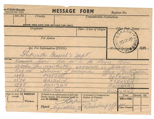 PAPUA - 1949 use of MESSAGE FORM from SOHANA.