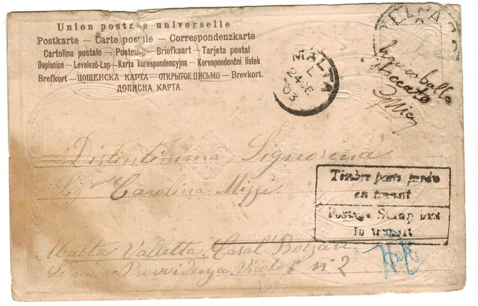MALTA - 1903 inward postcard with POSTAGE STAMP LOST IN TRANSIT handstamp.