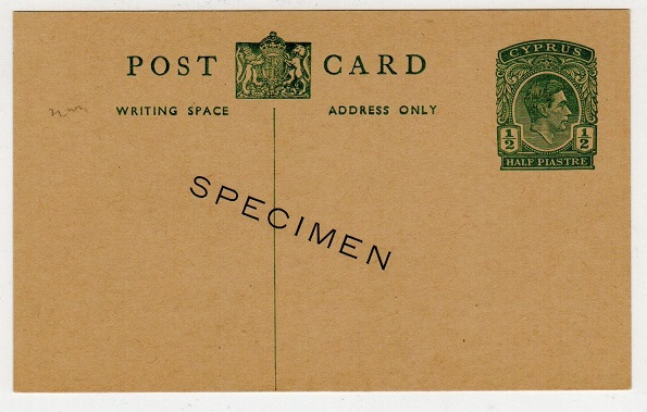 CYPRUS - 1938 1/2p green PSC unused with SPECIMEN applied diagonally.  H&G 24.