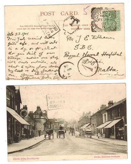 MALTA - 1905 inward ADVERTISED/GPO MALTA postcard from UK with 