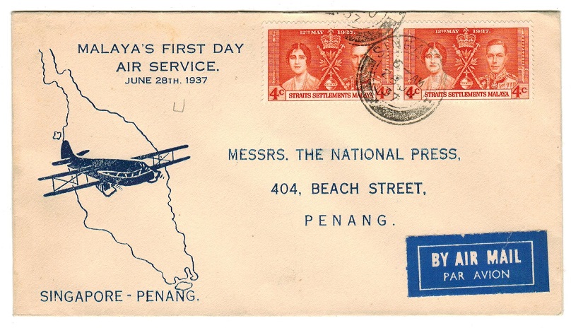 SINGAPORE - 1937 first flight cover to Penang.