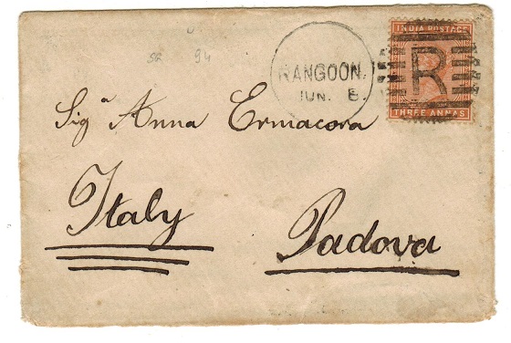 BURMA - 1880 3a rate cover to Italy (scarce) used at RANGOON.