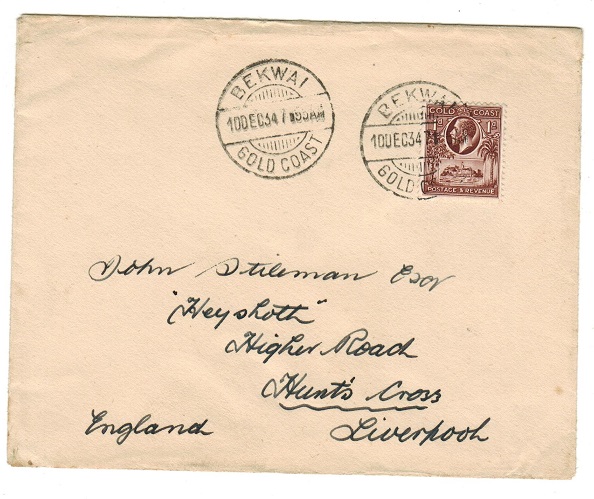 GOLD COAST - 1934 1d rate cover to UK used at BEKWAI.