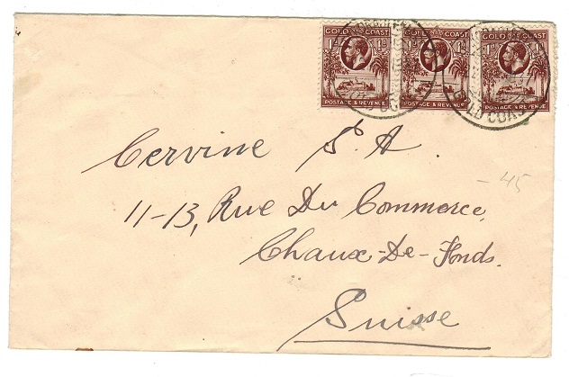 GOLD COAST - 1937 3d rate cover to Switzerland used at TAKORADI WHARF.