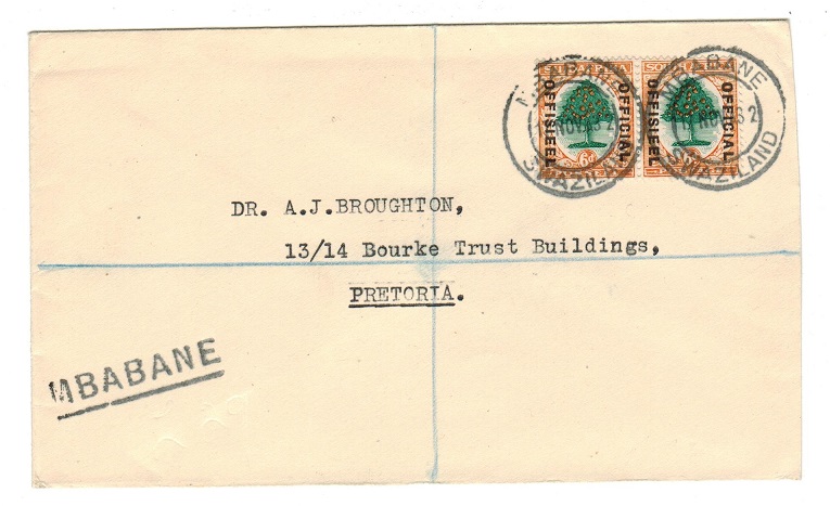 SWAZILAND - 1932 South African OFFICIAL 6d pair on cover used at MBABANE.