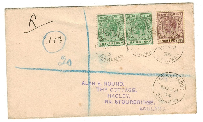 BAHAMAS - 1934 registered cover to UK used at SAN SALVADOR.
