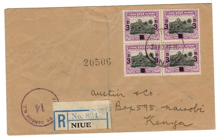 NIUE - 1942 registered censor cover to Kenya.