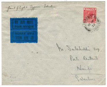 CYPRUS - 1932 First flight cover with tete beche air label.