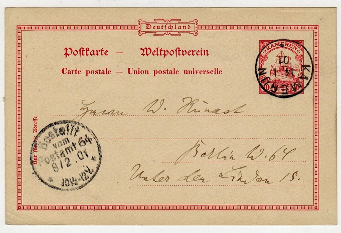 CAMEROONS - 1900 10pfg PSC to Germany used at KAMERUN.  H&G 9.