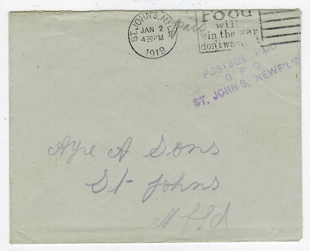 NEWFOUNDLAND - 1919 POSTAGE PAID cover with slogan strike.