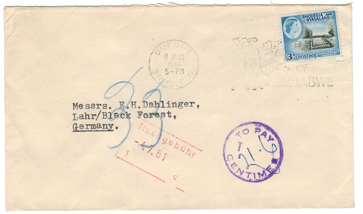 RHODESIA AND NYASALAND - 1961 underpaid cover with TO PAY/T tax handstamp.