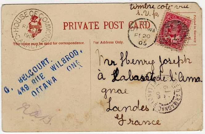 CANADA - 1905 postcard to France with HOUSE OF COMMONS cancel.