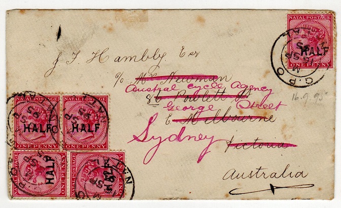 NATAL - 1895 HALF on 1d adhesive multi franked cover to Australia.