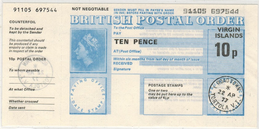 BRITISH VIRGIN ISLANDS - 1977 10p POSTAL ORDER cancelled at ROAD TOWN.