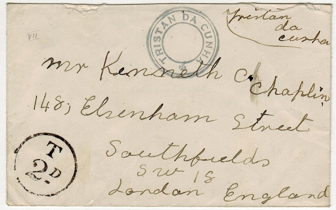 TRISTAN DA CUNHA - 1936 (circa) stampless cover to UK with SG C8 cachet applied.
