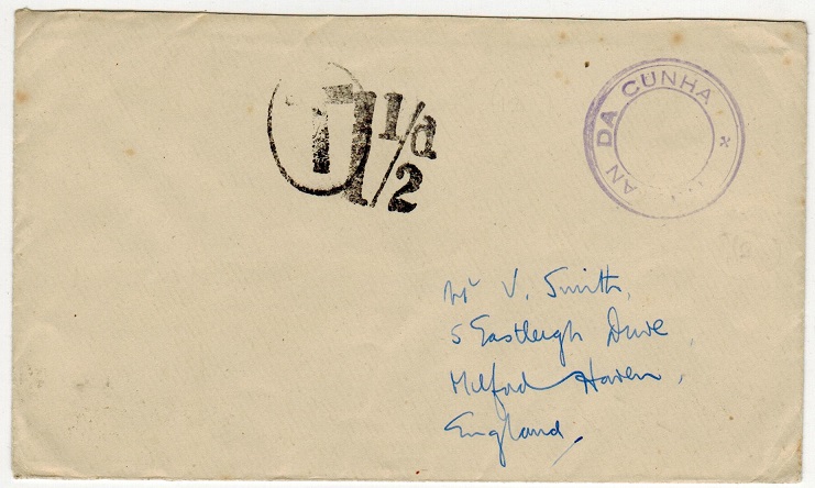 TRISTAN DA CUNHA - 1946 (circa) stampless cover to UK with SG C10 cachet applied.