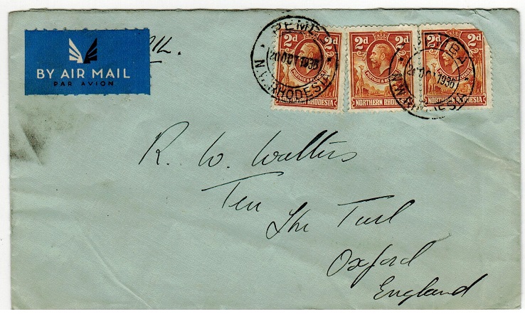 NORTHERN RHODESIA - 1935 6d rate cover to UK used at PEMBA.