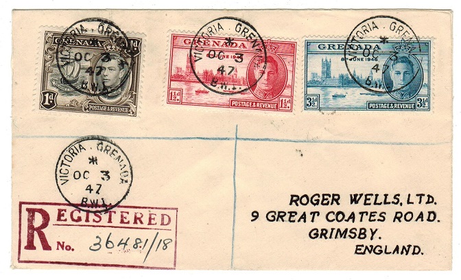 GRENADA - 1947 registered cover to UK used at VICTORIA.
