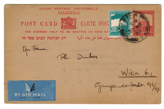 PALESTINE - 1932 8m red PSC uprated to Austria and used at HAIFA.  H&G 6.