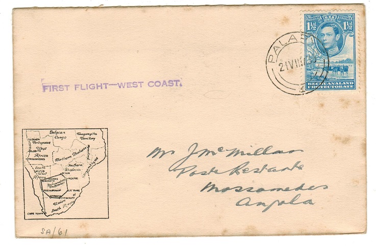 BECHUANALAND - 1939 first flight cover to Angola used at PALAPYE.