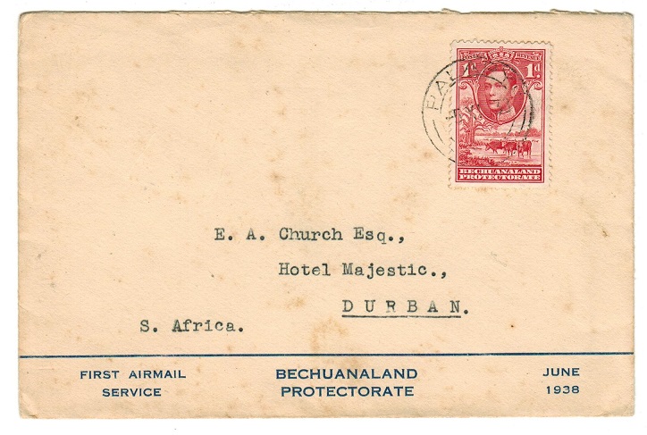 BECHUANALAND - 1938 first flight cover to Durban used at PALAPYE.