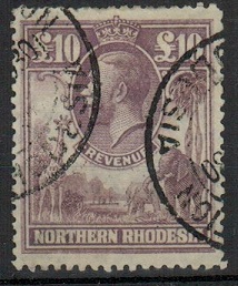 NORTHERN RHODESIA - 1925 10 purple REVENUE issue used.