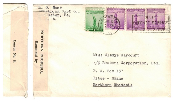 NORTHERN RHODESIA - 1941 inward cover from USA with CENSOR No.8 label applied.