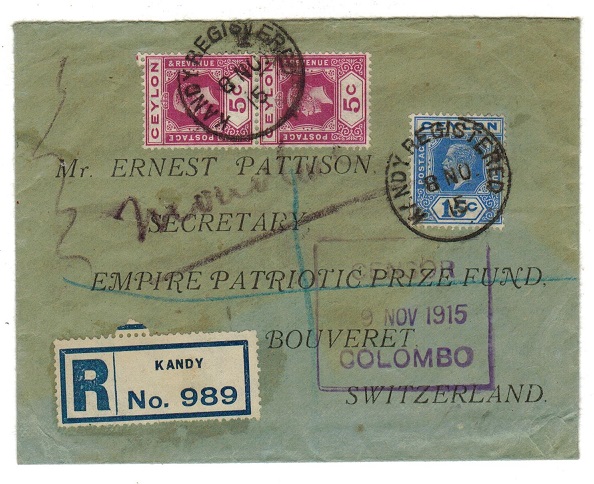 CEYLON - 1915 registered censor cover to Switzerland used at KANDY.