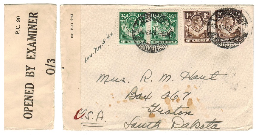 NORTHERN RHODESIA - 1944 censor cover to USA used at LUANSHYA.
