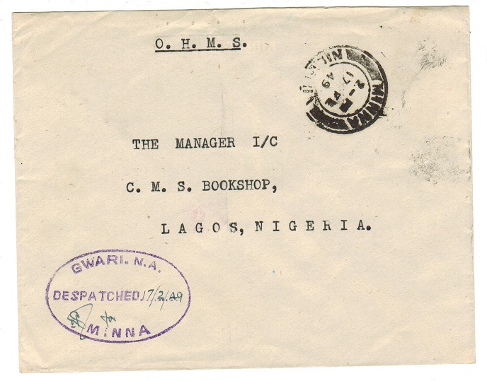 NIGERIA - 1949 local stampless O.H.M.S. cover used from MINNA.