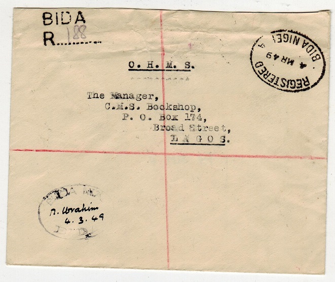 NIGERIA - 1949 stampless registered O.H.M.S. local cover used at BIDA.