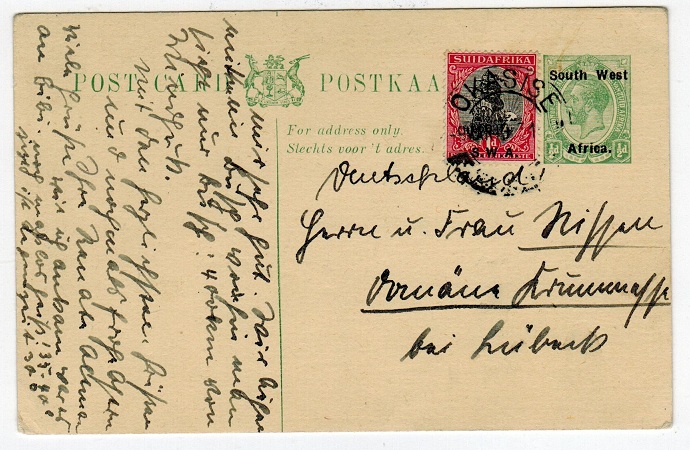 SOUTH WEST AFRICA - 1923 1/2d green PSC uprated and used at OKASISE.  H&G 3.