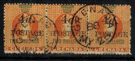 GRENADA - 1883 4d black on 2/- orange used strip of three.  SG 41.