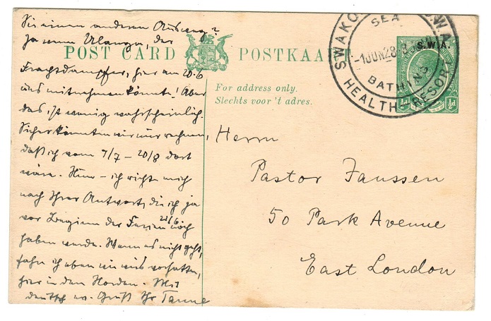 SOUTH WEST AFRICA - 1928 1/2d green PSC used at SWAKOPMUND HEALTH RESORT.  H&G 10.