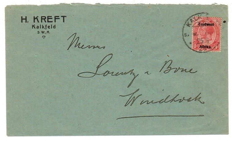 SOUTH WEST AFRICA - 1924 1d rate local cover used at KALKFELD.