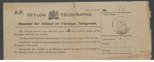 CEYLON - 1913 Ceylon telegraphs receipt form used at JAFFNA.