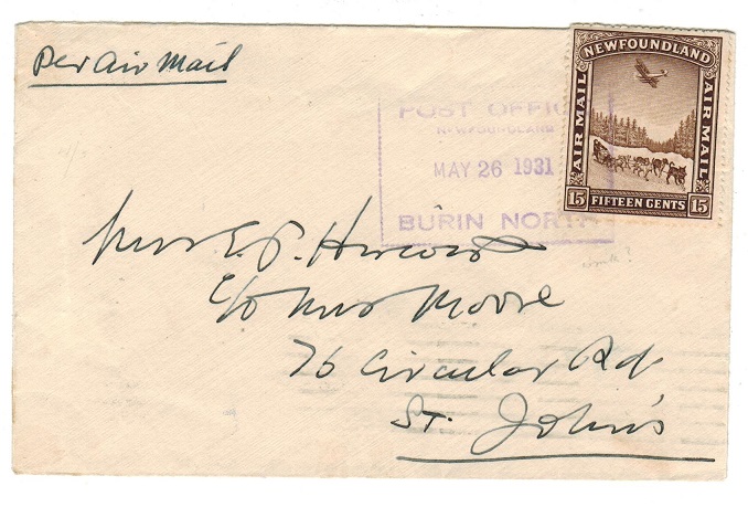 NEWFOUNDLAND - 1931 15c rate local cover with boxed BURIN NORTH cancel.