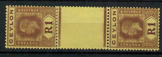 CEYLON - 1921 1r purple and pale yellow mint DIE 1/DIE 2 gutter pair.  SG 345b.