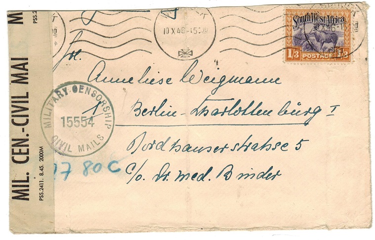 SOUTH WEST AFRICA - 1946 cover to Austria with MIL.CEN/CIVIL MAIL censor strip.