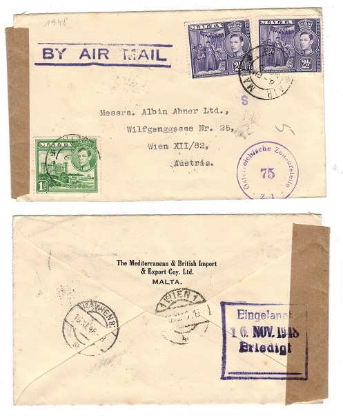MALTA - 1948 cover to Austria with post war censorship.