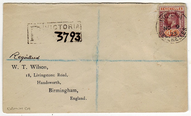 SEYCHELLES - 1925 45c rate registered cover to UK.