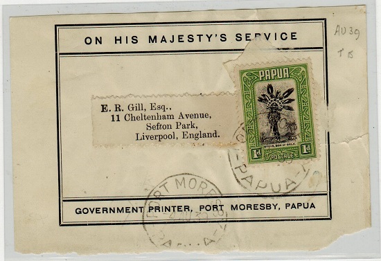 PAPUA - 1939 use of OHMS outer wrapper front to UK.