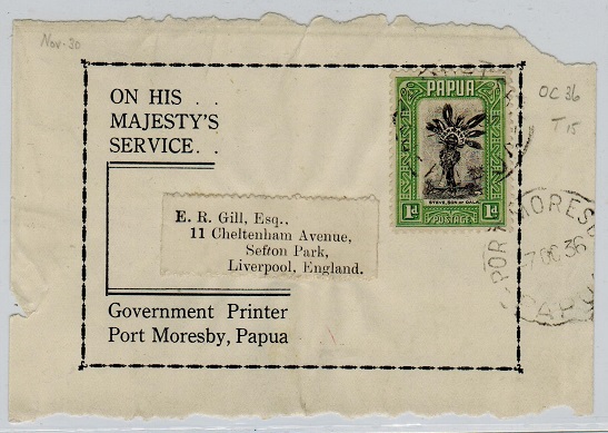 PAPUA - 1936 use of OHMS outer wrapper front to UK.