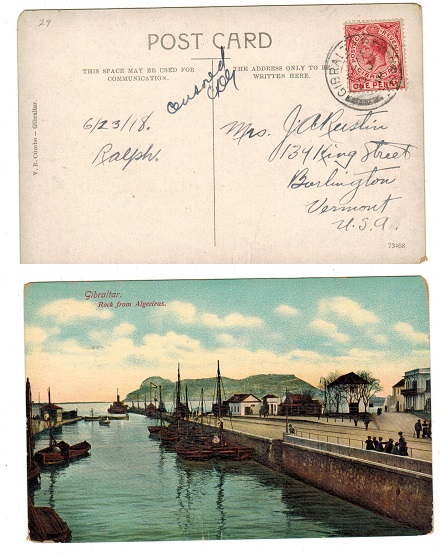 GIBRALTAR - 1918 use of postcard to USA with manuscript censor marking.