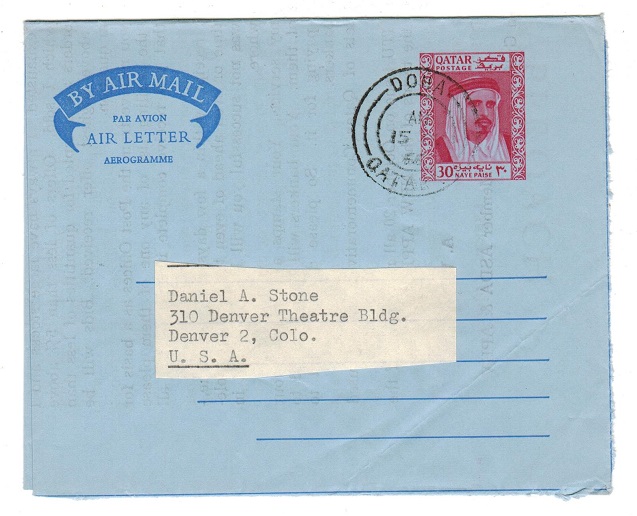 BR.P.O.IN E.A. (Qatar) - 1966 30np red air letter to USA used at DOHA.  H&G 5.
