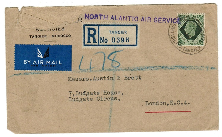 MOROCCO AGENCIES - 1946 mispelt ALANTIC h/s cover registered to UK with GB 9d tied TANGIER.