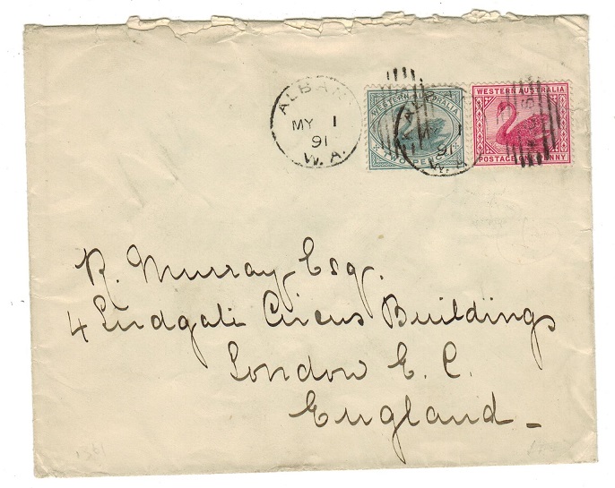 WESTERN AUSTRALIA - 1891 3d rate cover to UK used at ALBANY.