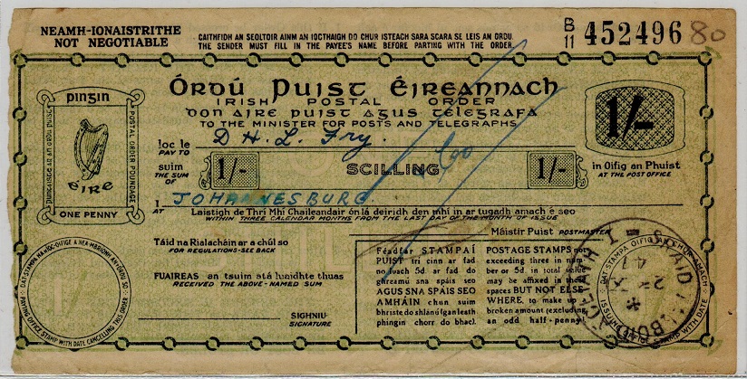IRELAND - 1947 1/- IRISH POSTAL ORDER issued at SRAID TALBOID CEIATH.