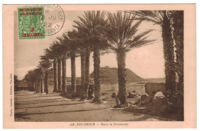 MOROCCO AGENCIES - 1922 postcard use with scarce 3c on 1/2d (SG 191) used at CASABLANCA.