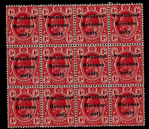 SWAZILAND - 1909 1d red SWAZILAND/REVENUE in a mint block of 12.